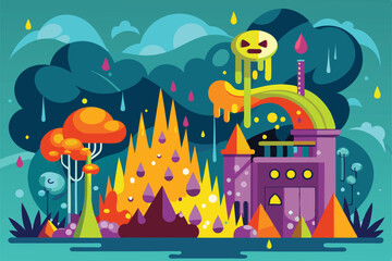 Obraz premium A vibrant landscape showcases factories, trees, and colorful elements under a whimsical acid rain sky, Customizable acid rain illustration