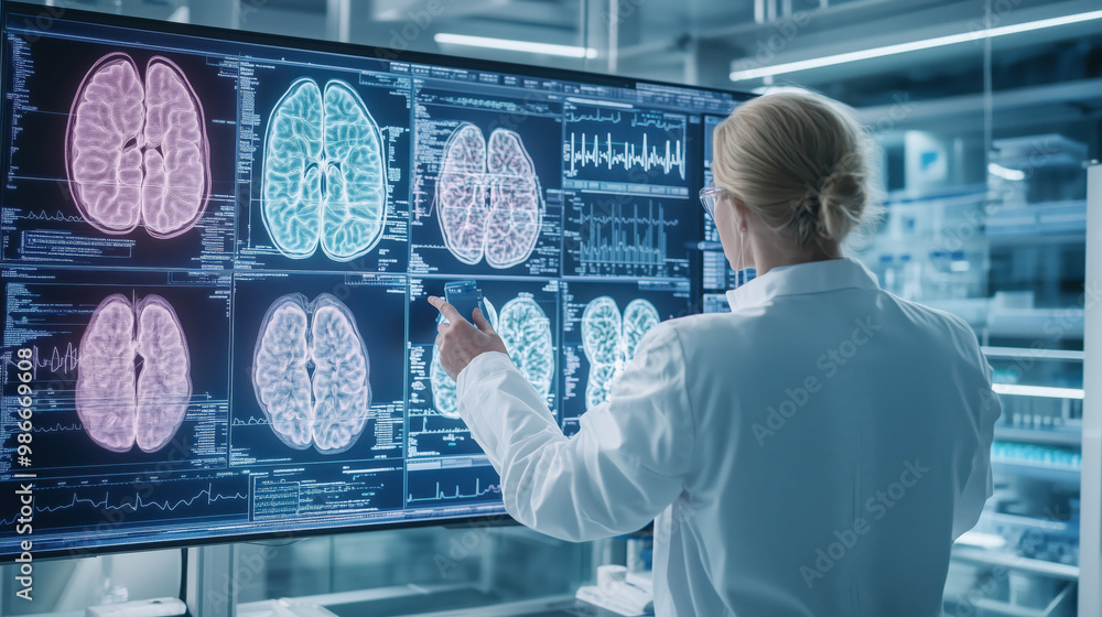 Poster scientist analyzing brain scans on digital screen in lab environment