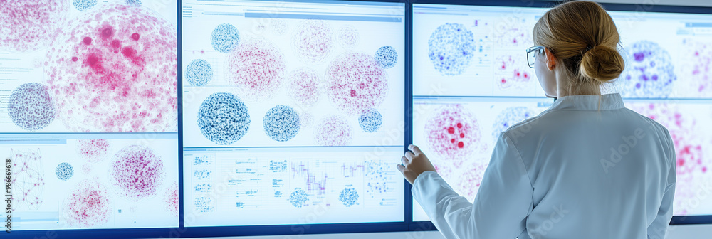 Poster scientist analyzing data on digital screens, showcasing vibrant patterns and colors