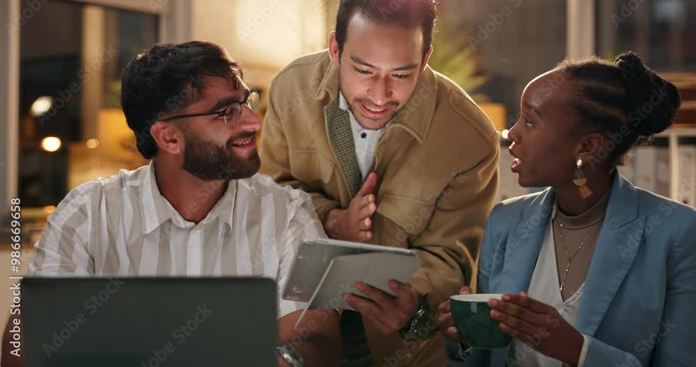 Poster Man, tablet and team in night at office for idea, research and story development at media agency. People, writer and editor in group with touchscreen, point and app with diversity at press company