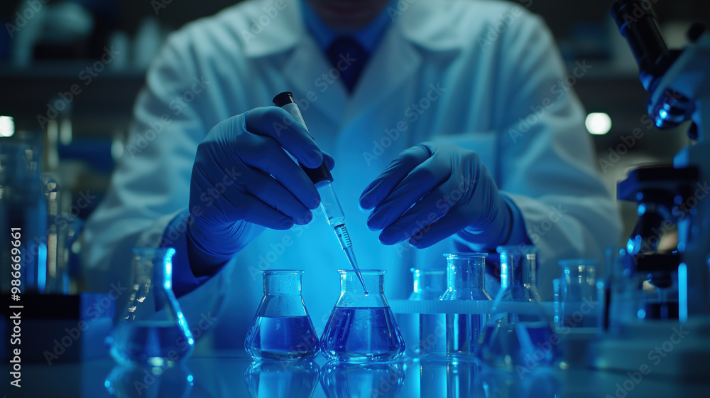 Poster scientist using pipette in modern laboratory, showcasing precision and focus