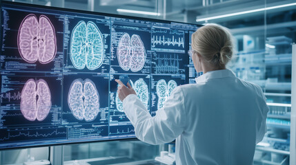 scientist analyzing brain scans on digital screen in lab environment