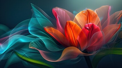 abstract colorful flower background. A closeup of an abstract, colorful tulip made from ribbons and paper strips on a dark blue background. 