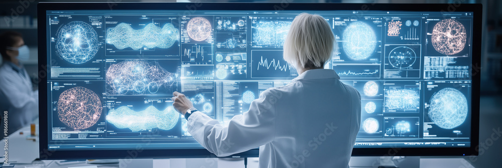 Aufkleber scientist analyzes data on large screen in modern lab
