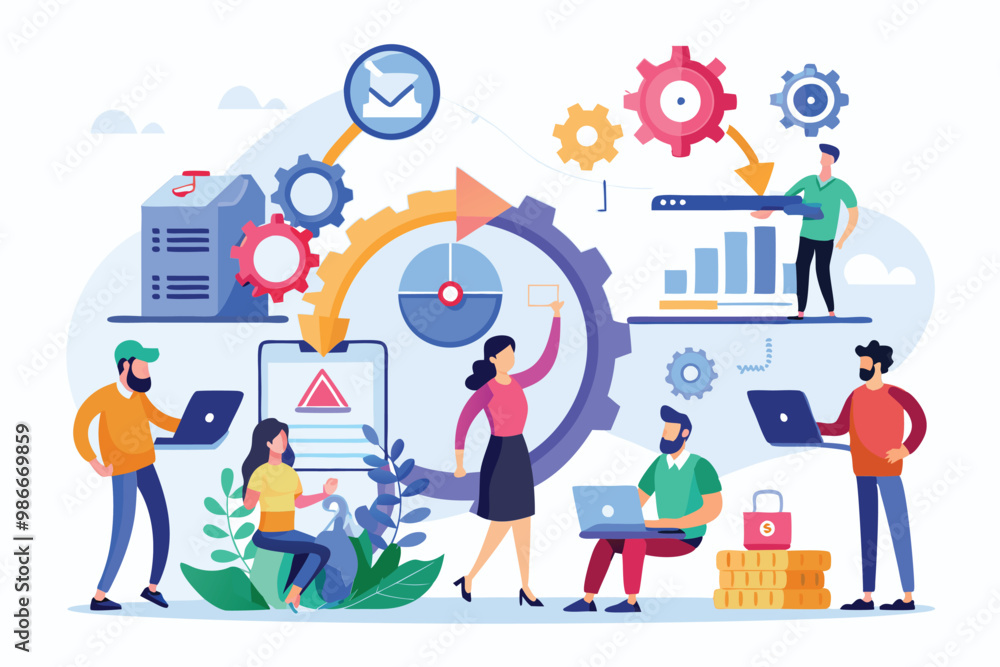 Poster a diverse group collaborates in a workspace, utilizing technology and agile tools to enhance product