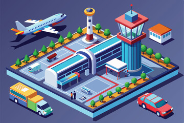 An isometric airport design showcasing a terminal, moving vehicles, and a plane preparing for takeoff, Customizable airport illustration in isometric style.