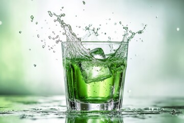 Ice cube splashing in a glass of vibrant green beverage, capturing refreshing moments