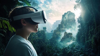 A VR headset wearer immersed in a thrilling digital adventure, exploring a virtual landscape of mountains, forests, and ancient ruins.