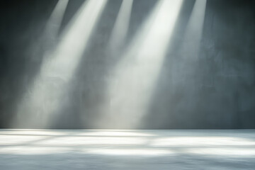 Bright stage lights illuminate an empty performance space in a dimly lit theater setting
