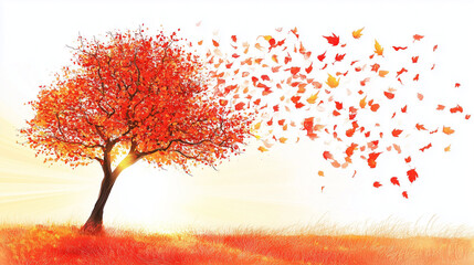 Fototapeta premium Illustrated Red Tree with Wind-Blown Leaves, Bright Autumn Colors, Artistic Landscape