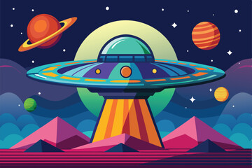 Fototapeta premium A vibrant alien spaceship hovers above a unique landscape under a starry sky, showcasing creativity and imagination, Customizable alien spaceship illustration.