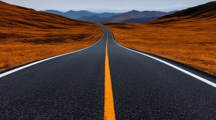 Fototapeta premium A long winding road stretching into the horizon surrounded by mountains and nature The road is empty symbolizing the journey towards success persistence and future opportunities The soft sunlight at t
