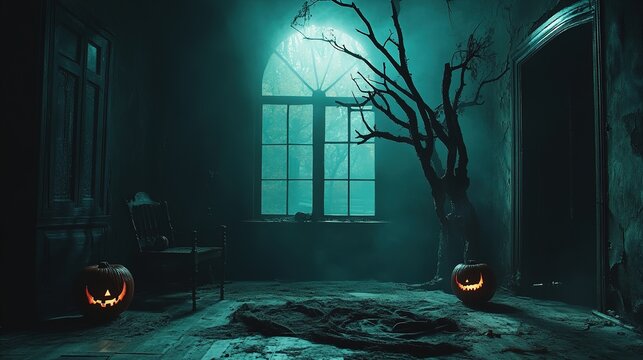 A virtual Halloween storytelling session, with a narrator telling ghost stories to a captivated online audience, enhanced with eerie sound effects.