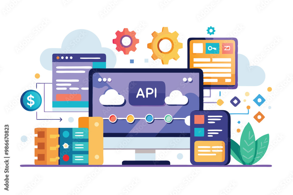Poster a semi-flat illustration showcasing customizable api development featuring various digital elements,