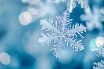 Stunning macro photography of beautifully detailed snowflakes on a frosted background