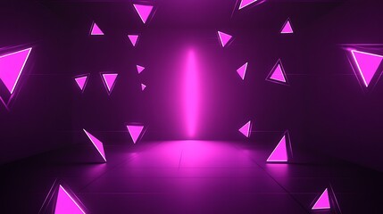A dark room with a bright pink neon light in the center and pink triangular shapes scattered throughout the room.