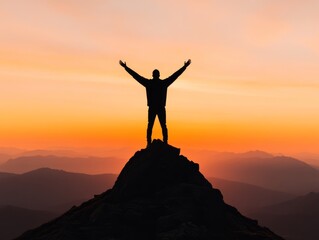 Fototapeta premium A silhouette of a person standing on a mountain peak with arms raised in victory backlit by a golden sunset The image conveys success achievement and triumph over challenges The background is expansiv