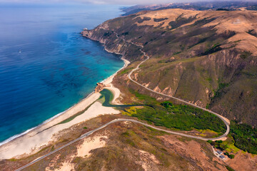 Highway 1 and Big Sur along the Pacific Ocean coast, beautiful landscape and aerial view, sunset, sunrise, fog. Concept, travel, vacation, weekend