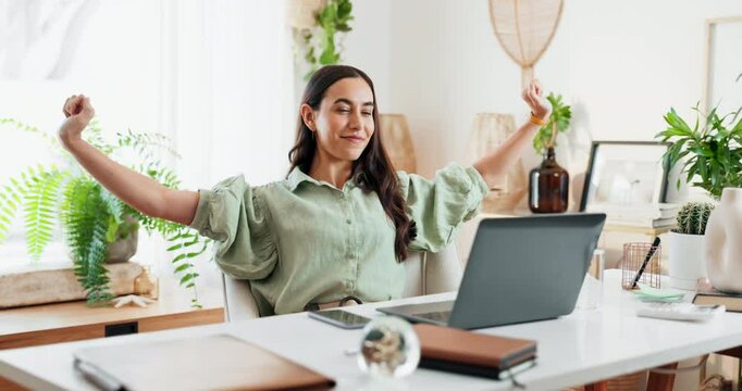 Happy woman, relax or stretching with laptop by plants for done, completion or finish at office or eco friendly workspace. Young, female person or environmentalist with smile on break in agro startup