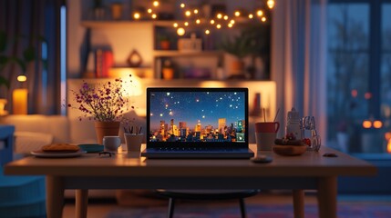 A virtual family reunion setup with a laptop on a dining table, surrounded by homemade decorations and snacks, creating a festive atmosphere.