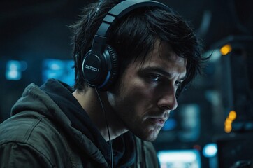 A focused gamer immersed in gameplay while wearing headphones in a dimly lit room with technology in the background.