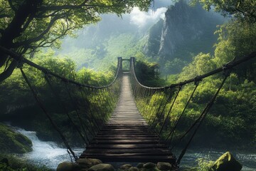 Fototapeta premium Stunning suspension bridge spanning a majestic mountain stream in a scenic landscape