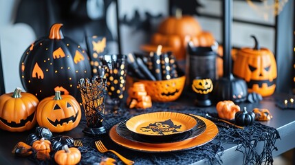 A vibrant Halloween party setup, featuring themed tableware, spooky decorations, and fun party favors, ready for a night of trick-or-treating.