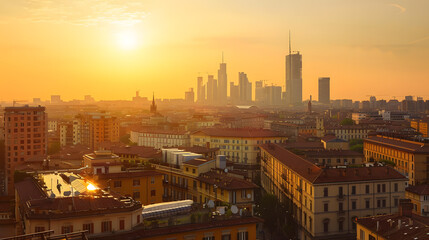 Witness the captivating beauty of Milan at sunset with its mix of modern and historic buildings creating a picturesque cityscape under the golden sky. A truly unforgettable urban panorama