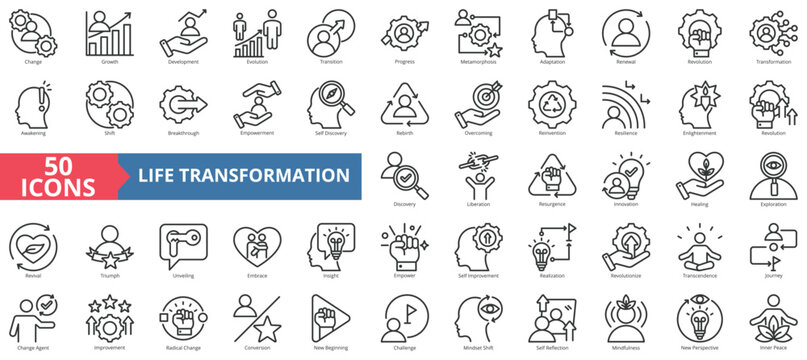 Life transformation icon collection set. Containing change, growth, development, evolution, transition, progress, metamorphosis, adaptation, renewal icon. Simple line vector illustration.