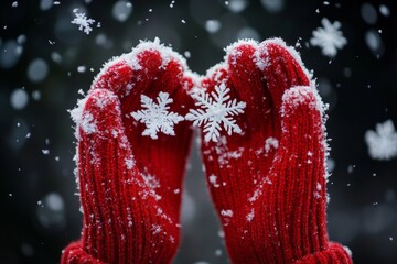 Delicate snowflakes cascading from vibrant red mittens in a winter wonderland scene