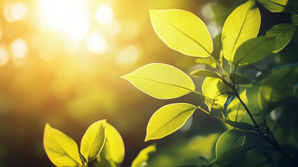 Close-Up of Sunlit Green Leaves, Nature Focus, Warm Spring Morning