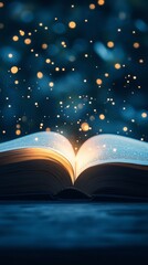 opening magic book with golden glitter lights, fantasy fairytale book in vertical aspect