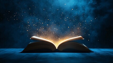 opening magic book with golden glitter lights, fantasy fairytale book