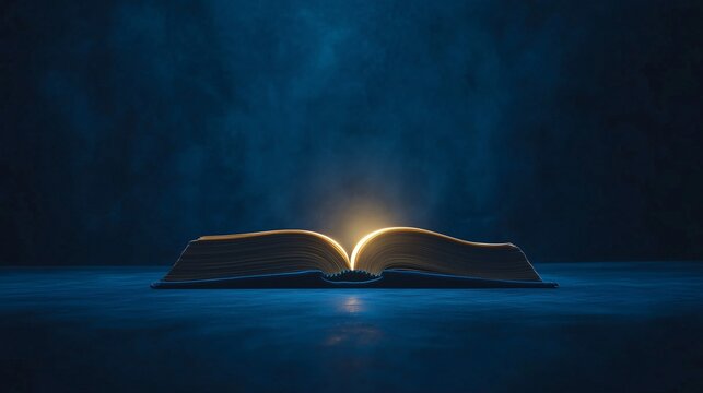 open book with glowing lights, magic fantasy book on blue background