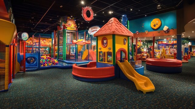 A toddler's play area within a family entertainment center, with soft play structures, ball pits, and interactive games designed for the youngest visitors.