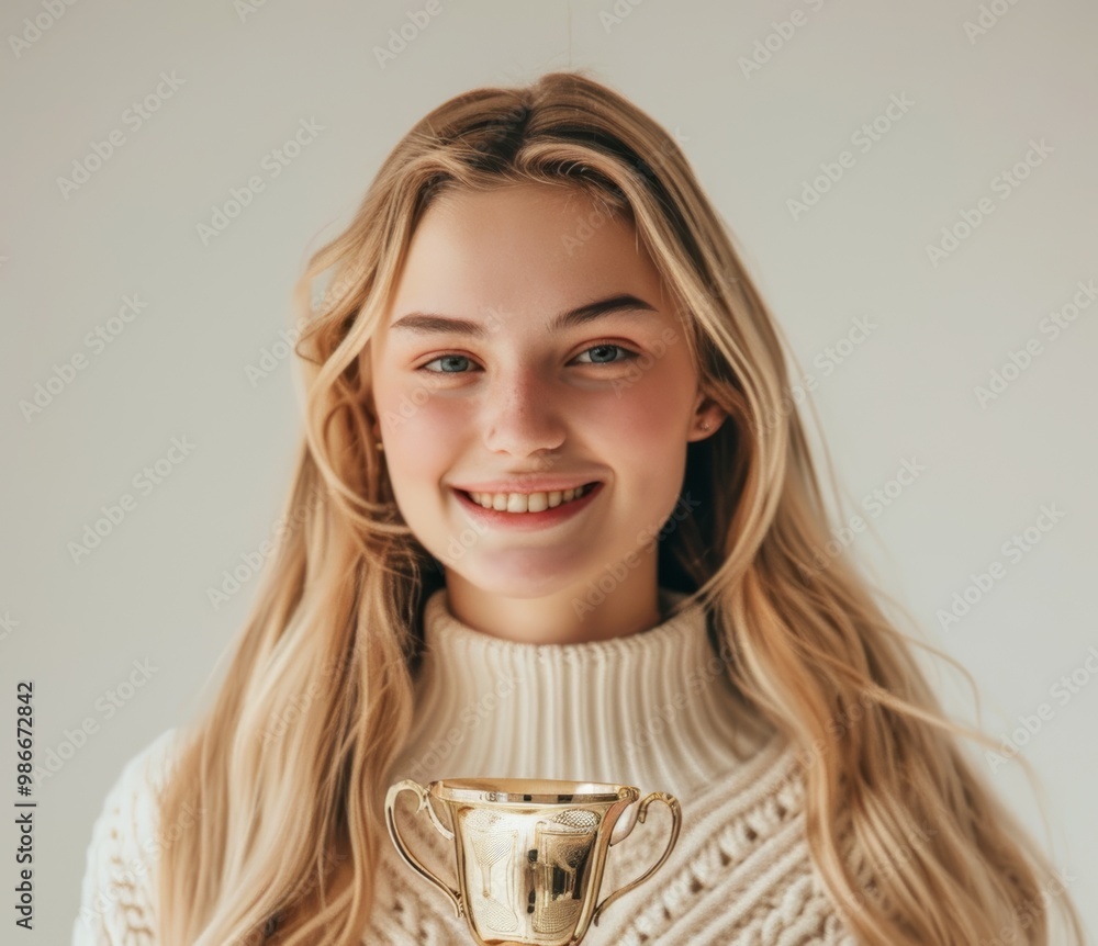 Wall mural A smiling young caucasian woman in a casual attire holds a gold trophy, her eyes shining with pride. The image captures the essence of victory and the rewards of dedication.