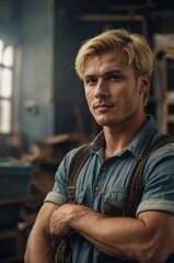 Obraz premium Blond manual worker standing confidently in a workshop, showcasing his skills and dedication to craftsmanship.