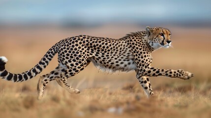 Obraz premium A sleek cheetah in mid-sprint across the savannah, its powerful muscles and intense gaze highlighting its incredible speed and agility.
