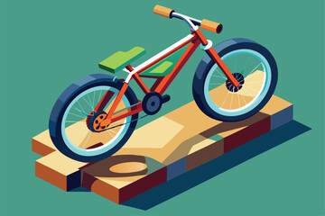 Fototapeta premium A colorful isometric illustration features a customizable mountain bike on a unique obstacle, showcasing creativity, Customizable bike trial illustration in isometric style.