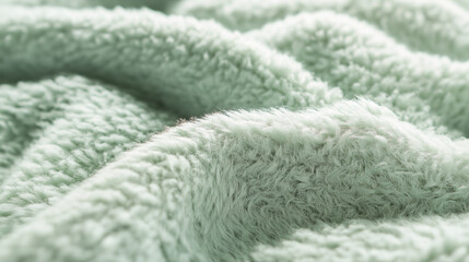 a meticulously styled close-up of a light green fleece fabric, emphasizing its luxurious softness and fluffy texture, the carefully arranged fibers create an elegant, inviting atmosphere