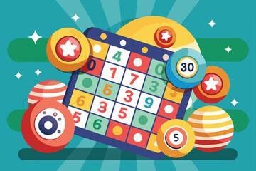 A vibrant bingo card surrounded by playful numbered balls, ideal for customizable game settings and activities, Customizable Bingo Illustration