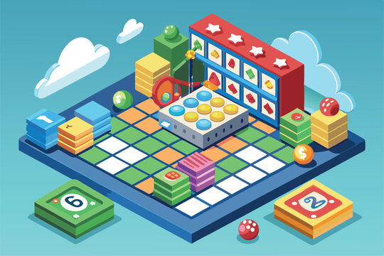 Explore a colorful isometric illustration of a customizable bingo board game, featuring playful tokens and stacks, Customizable Bingo Isometric Illustration