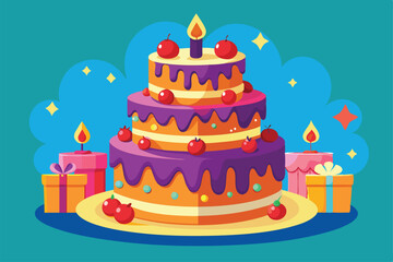 Celebrate with a colorful birthday cake featuring cherries, candles, and gifts, perfect for any birthday gathering, Customizable birthday cake illustration