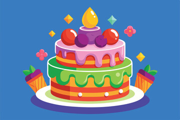A vibrant birthday cake adorned with bright layers, fruit toppings, and festive elements for any party, Customizable birthday cake with disproportionate illustration.