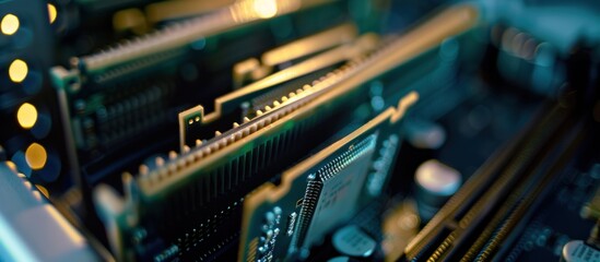 Interior shot with focus on details of RAM chips and central processing unit placed in an open computer case