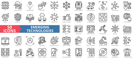 Emerging technologies icon collection set. Containing ai, machine learning, augmented, virtual reality, iot, blockchain, quantum computing, artificial technology icon. Simple line vector illustration.