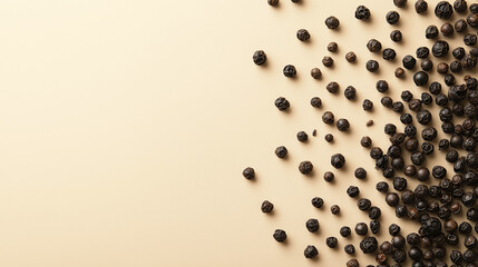 black peppercorns: a loose frame made from whole black peppercorns, scattered casually across a...