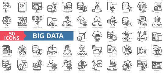 Big data icon collection set. Containing database, information, analytics, insight, volume, velocity, variety, value, processing, storage icon. Simple line vector illustration.