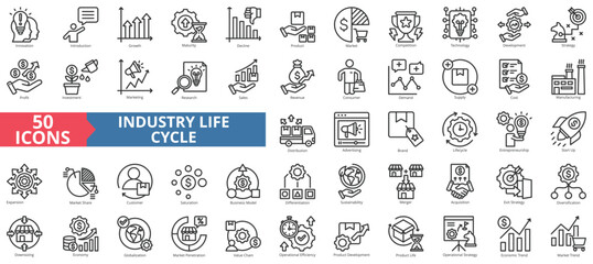 Industry life cycle icon collection set. Containing innovation, introduction, growth, maturity, decline, product, market, competition, technology icon. Simple line vector illustration.