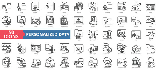 Personalized data icon collection set. Containing privacy, personal, information, identity, security, protection, confidential icon. Simple line vector illustration.